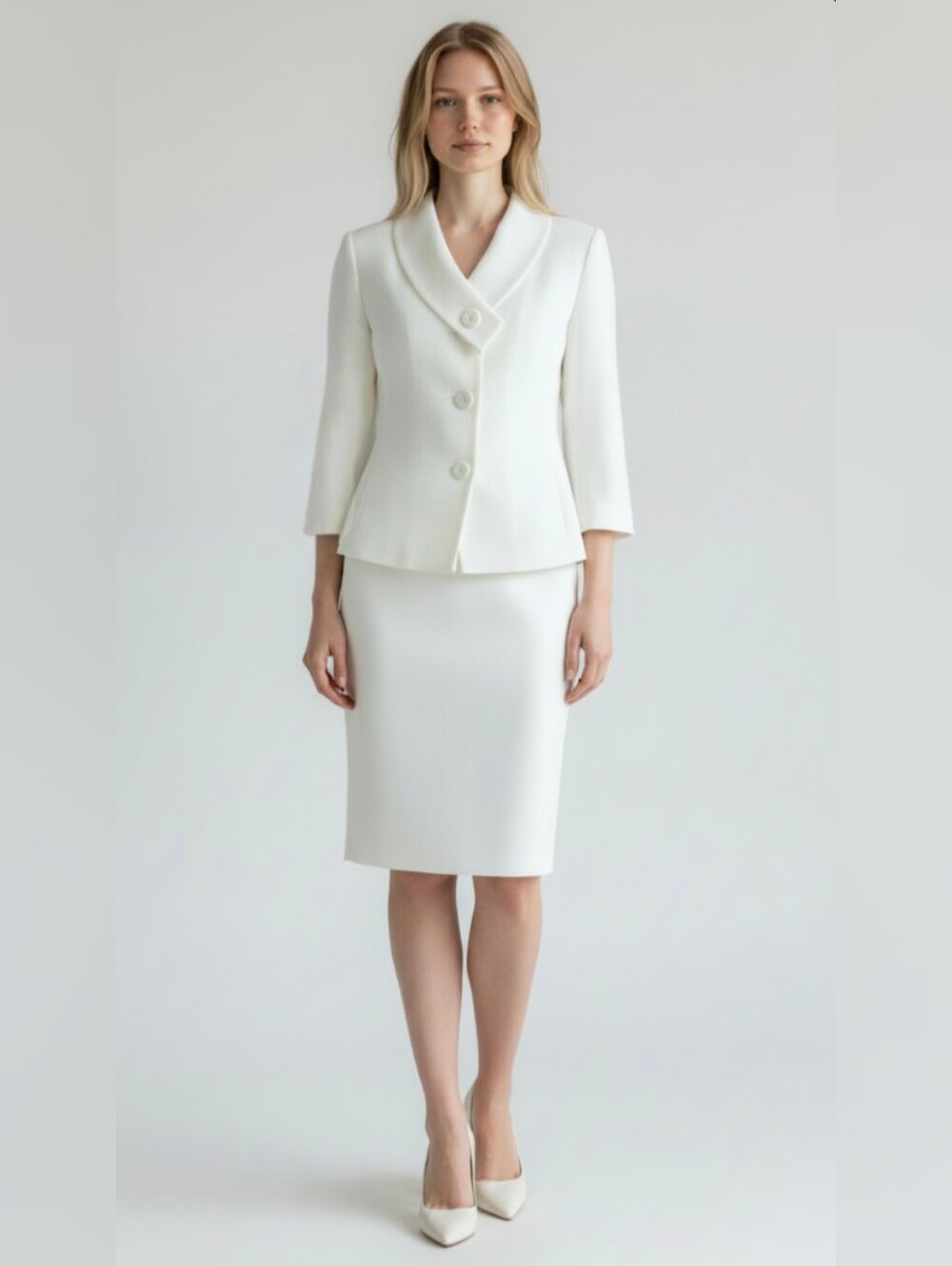 EMILY! LUXE WHITE TEXTURED WIDE COLLAR, 2PC LONG SKIRT+ JACKET, BLAZER SUIT! 14